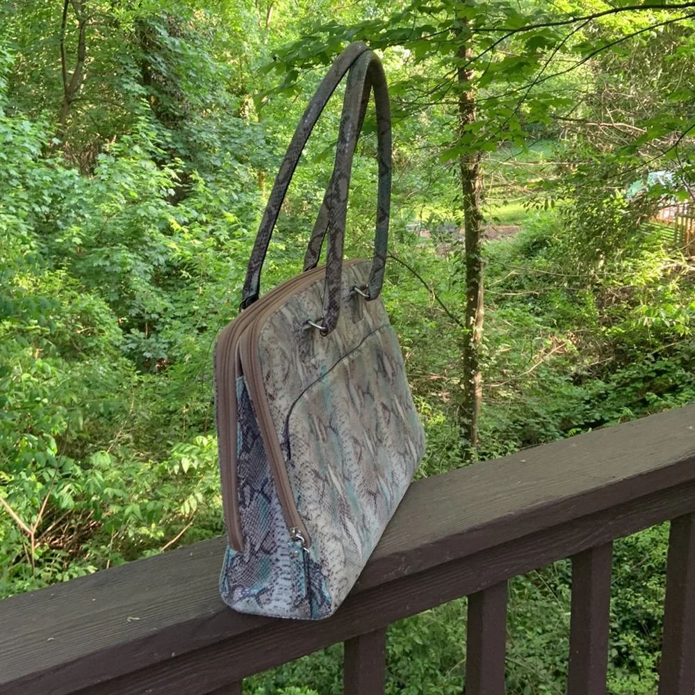 Lodis Snake-Print Laptop Bag in Cream, Brown & Teal